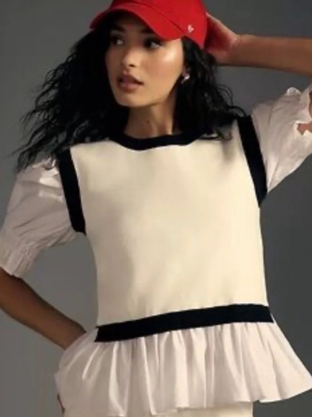 Anthropologie Mixed Media Puff Sleeve Peplum Sweater Top Cream Black XL NWT